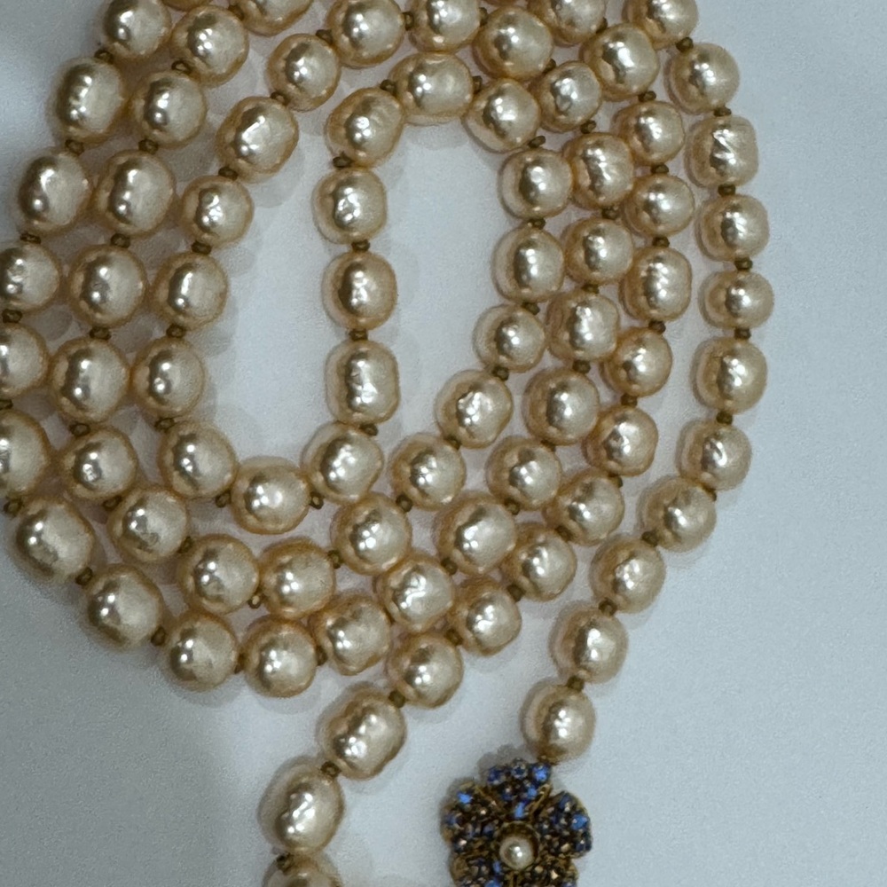 Sign Miriam Haskell Large Pearls Tiny Blue Rhines… - image 2